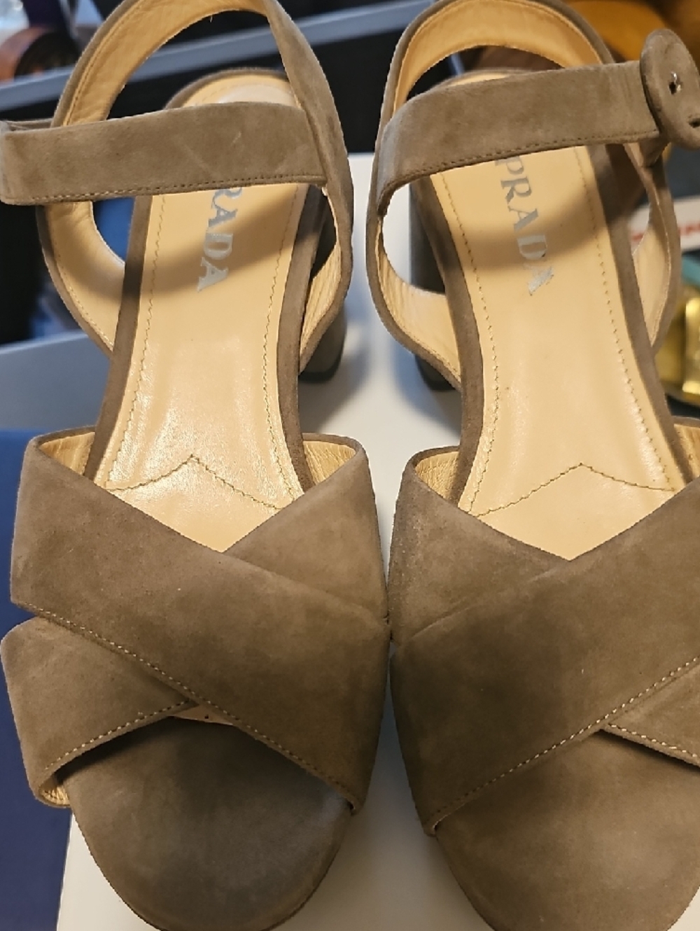 Prada Taupe Suede Crisscross Ankle-Strap Heels - Picture 3 of 7